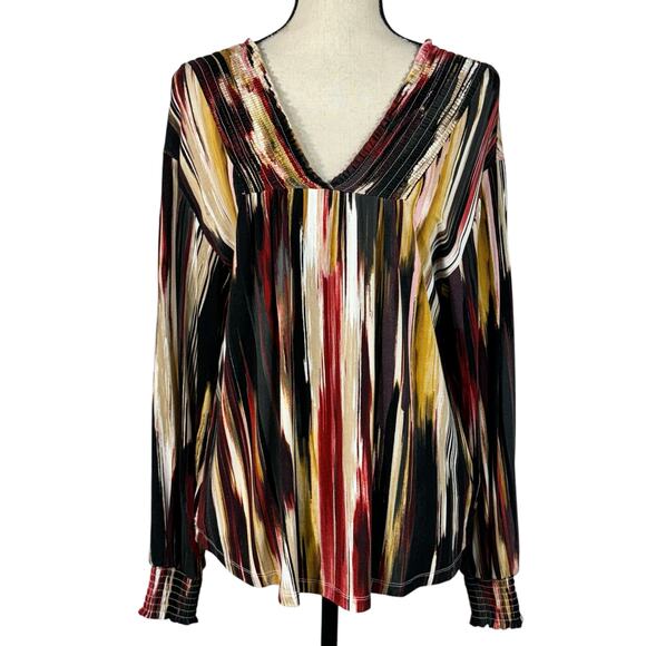 Zac & Rachel Tops - Zac & Rachel Large Top Abstract Striped Smocked V-Neck Long Sleeve Stretch Multi